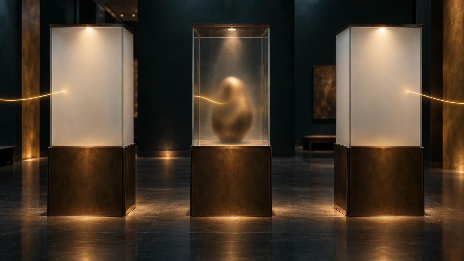 Tre teche su basamenti di bronzo in una galleria buia: le due laterali sono smerigliate e opache, con scie di luce dorata che si fermano contro il vetro, mentre quella centrale, trasparente, contiene un ovoide di bronzo sfocato e senza tratti