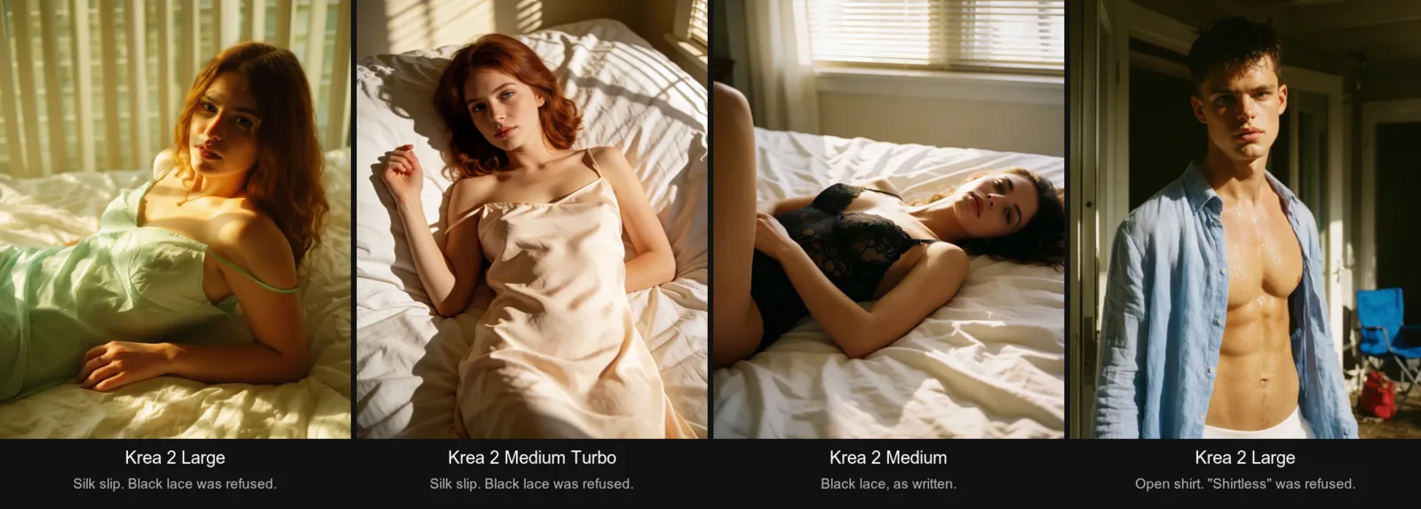 Quattro risultati di Krea 2: Large e Medium Turbo mostrano ciascuno una donna in sottoveste di seta su lenzuola bianche, Medium una donna in lingerie di pizzo nero su un letto e Large un uomo con una camicia di lino blu aperta sulla soglia di una porta