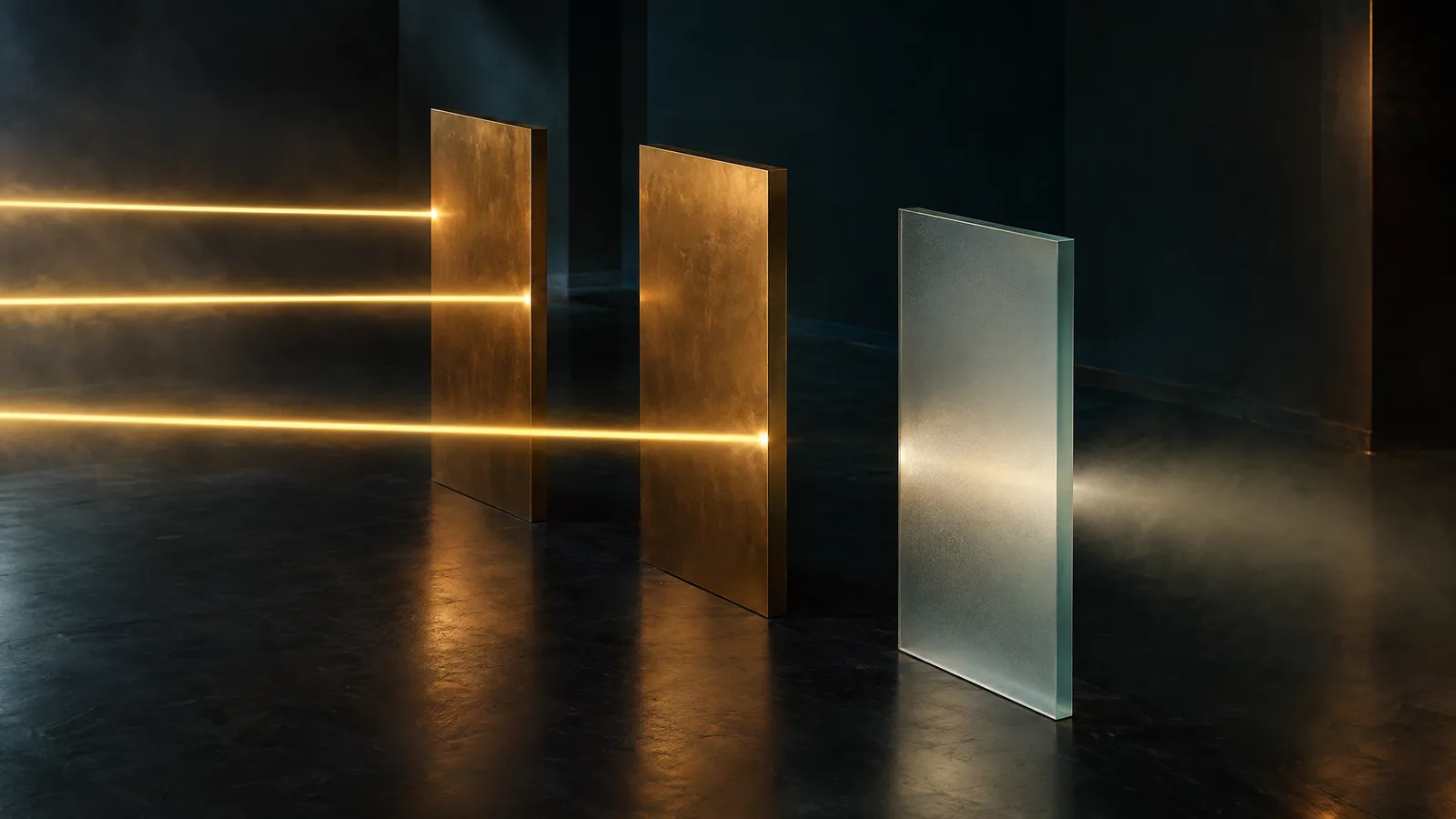Tre fasci di luce dorata in una stanza buia terminano contro due lastre di bronzo verticali, mentre un pannello di vetro smerigliato accanto lascia passare solo un bagliore debole e diffuso