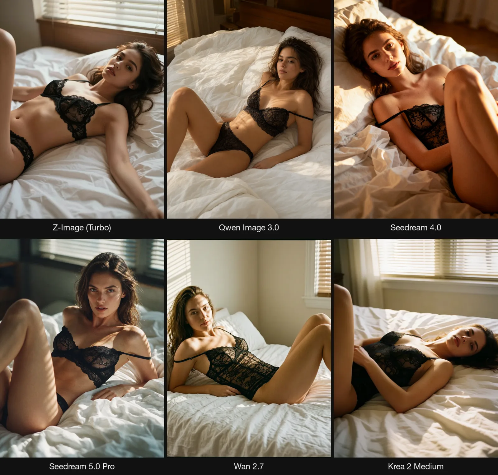 Six results for one L1 prompt in a grid: Z-Image Turbo, Qwen Image 3.0, Seedream 4.0, Seedream 5.0 Pro, Wan 2.7 and Krea 2 Medium, each a woman in black lace on white sheets