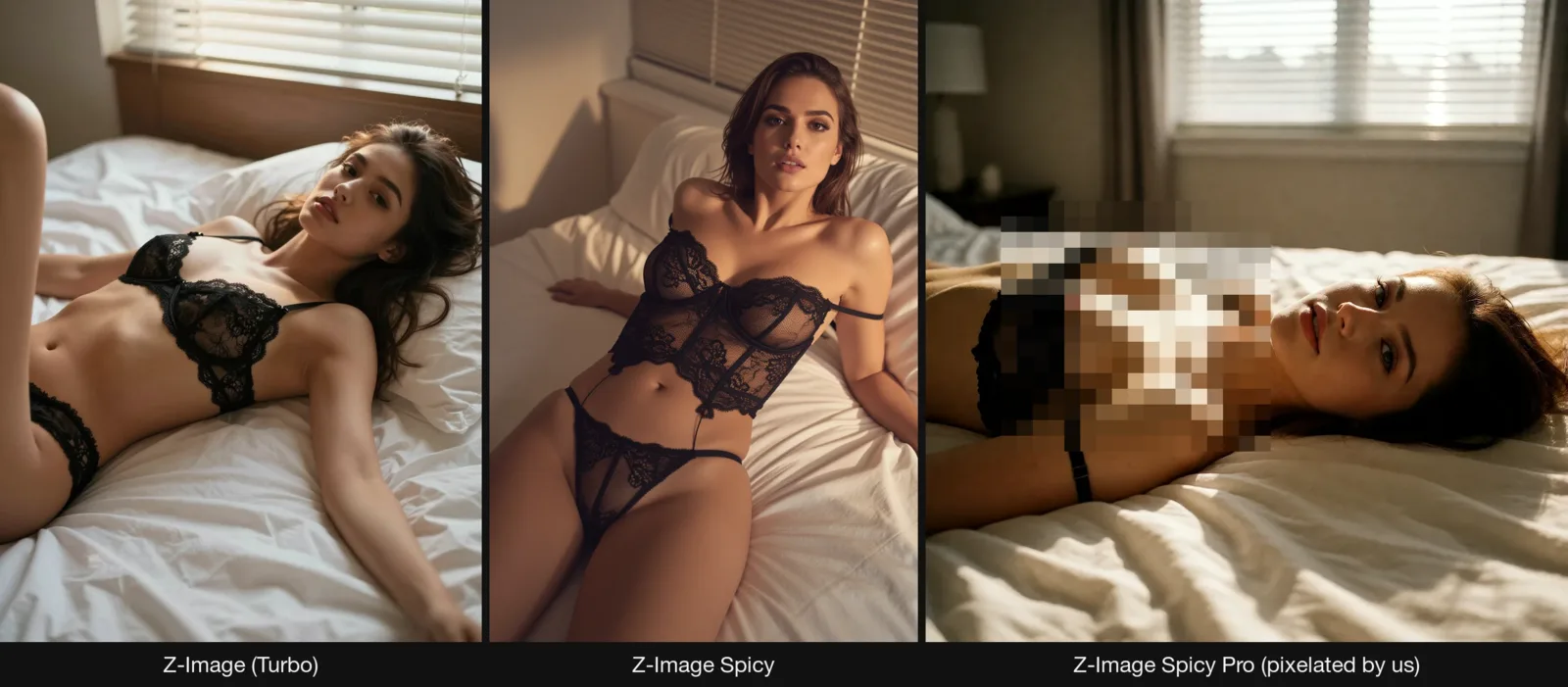 Three Z-Image results for one L1 prompt: a woman in black lace lying on white sheets, a woman in black lace lingerie propped on a bed, and a woman lying on her back with part of the frame under a heavy mosaic
