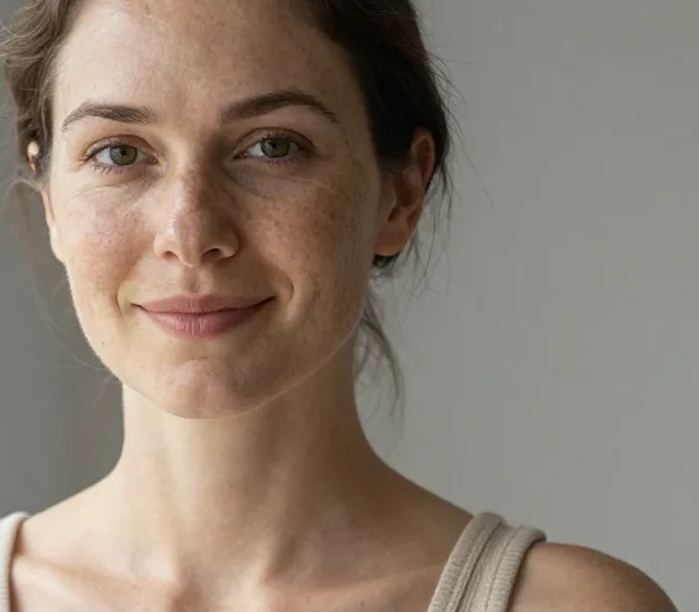 Close crop of a woman's face by a window, freckles and pores visible across her nose and cheeks