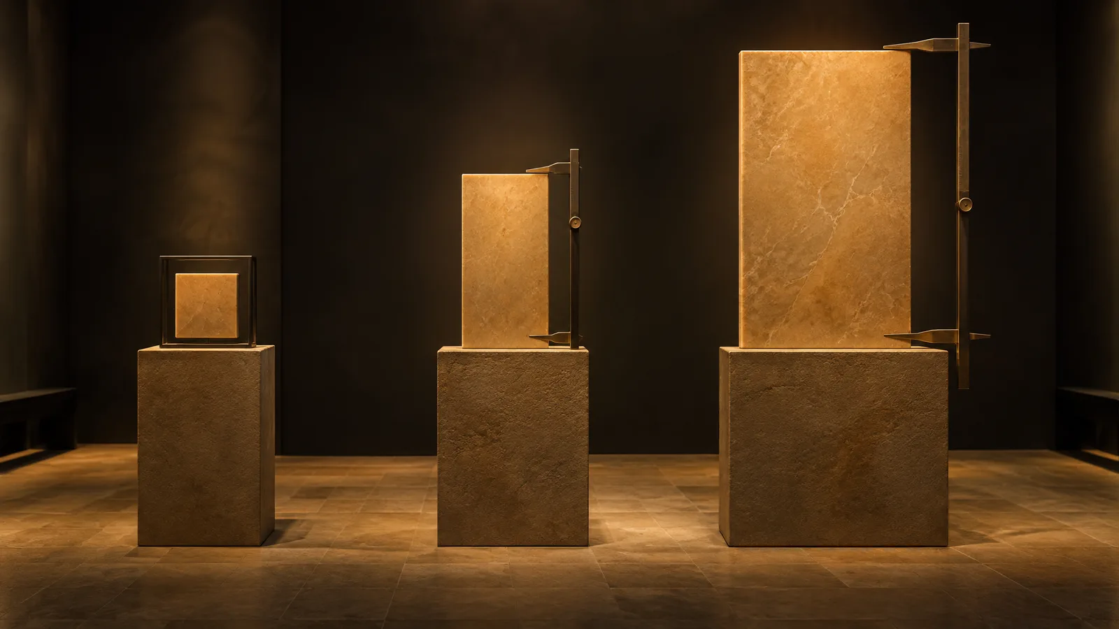 Three sandstone slabs on plinths in a dark gallery: a small square held in a fixed black frame, a taller slab measured by a brass caliper, and a much larger slab with the caliper opened wide