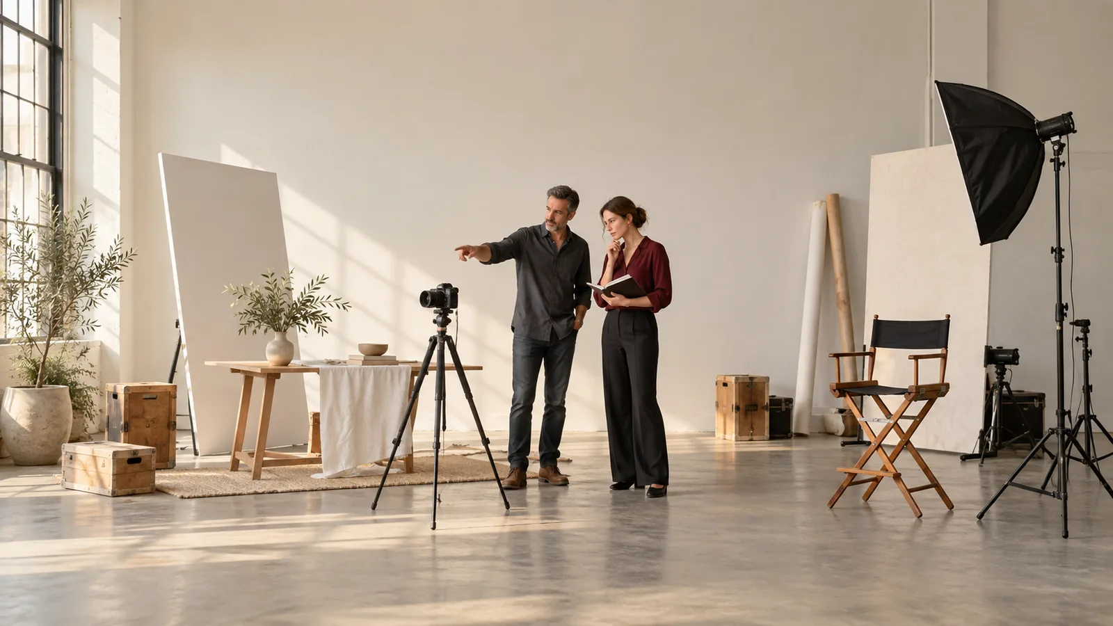 Due creatori adulti accanto a un set fotografico e a una sedia da regista.