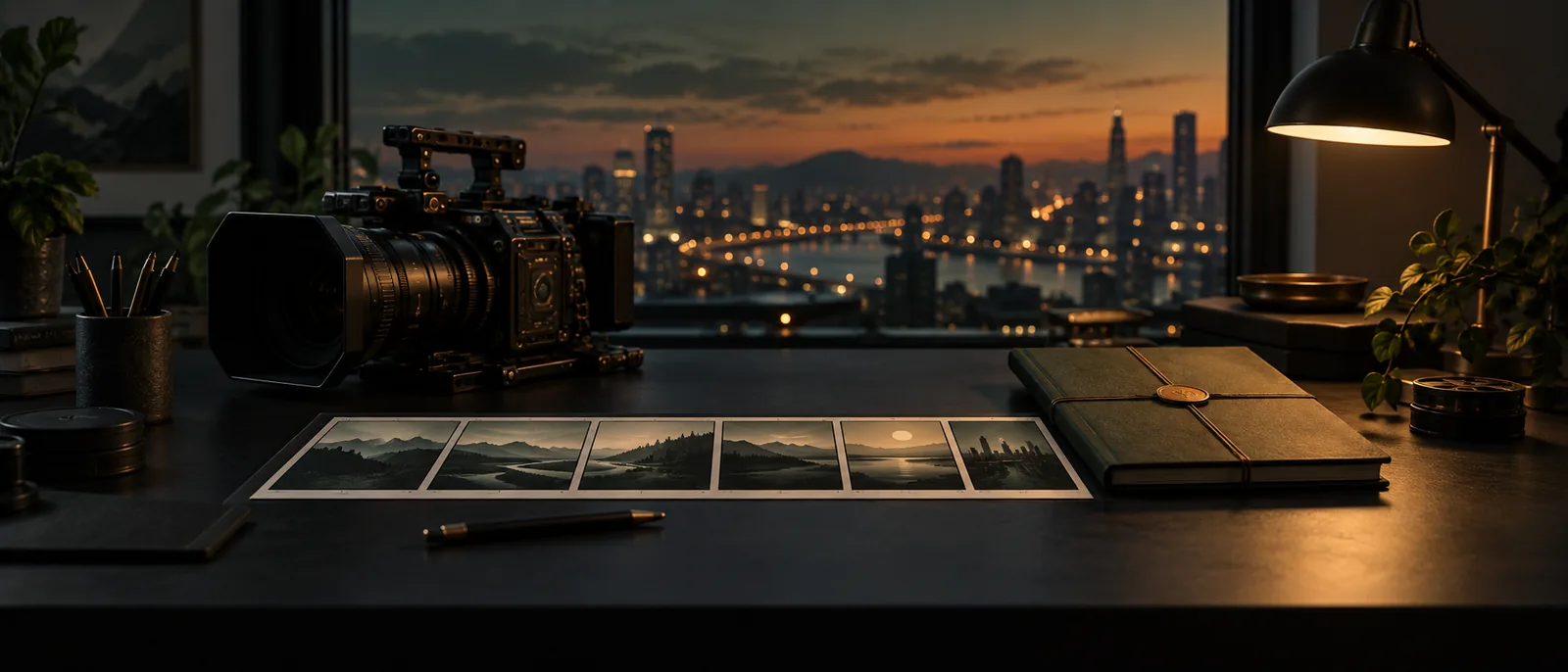 Una cinepresa, una striscia di storyboard e un taccuino di produzione su una scrivania al crepuscolo