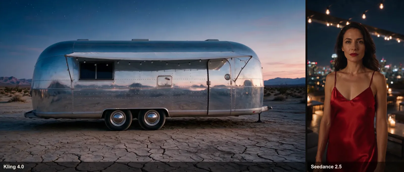 Two published examples side by side: a silver Airstream trailer on cracked desert ground at dusk from Kling 4.0, and a woman in a red satin dress on a city rooftop at night from Seedance 2.5