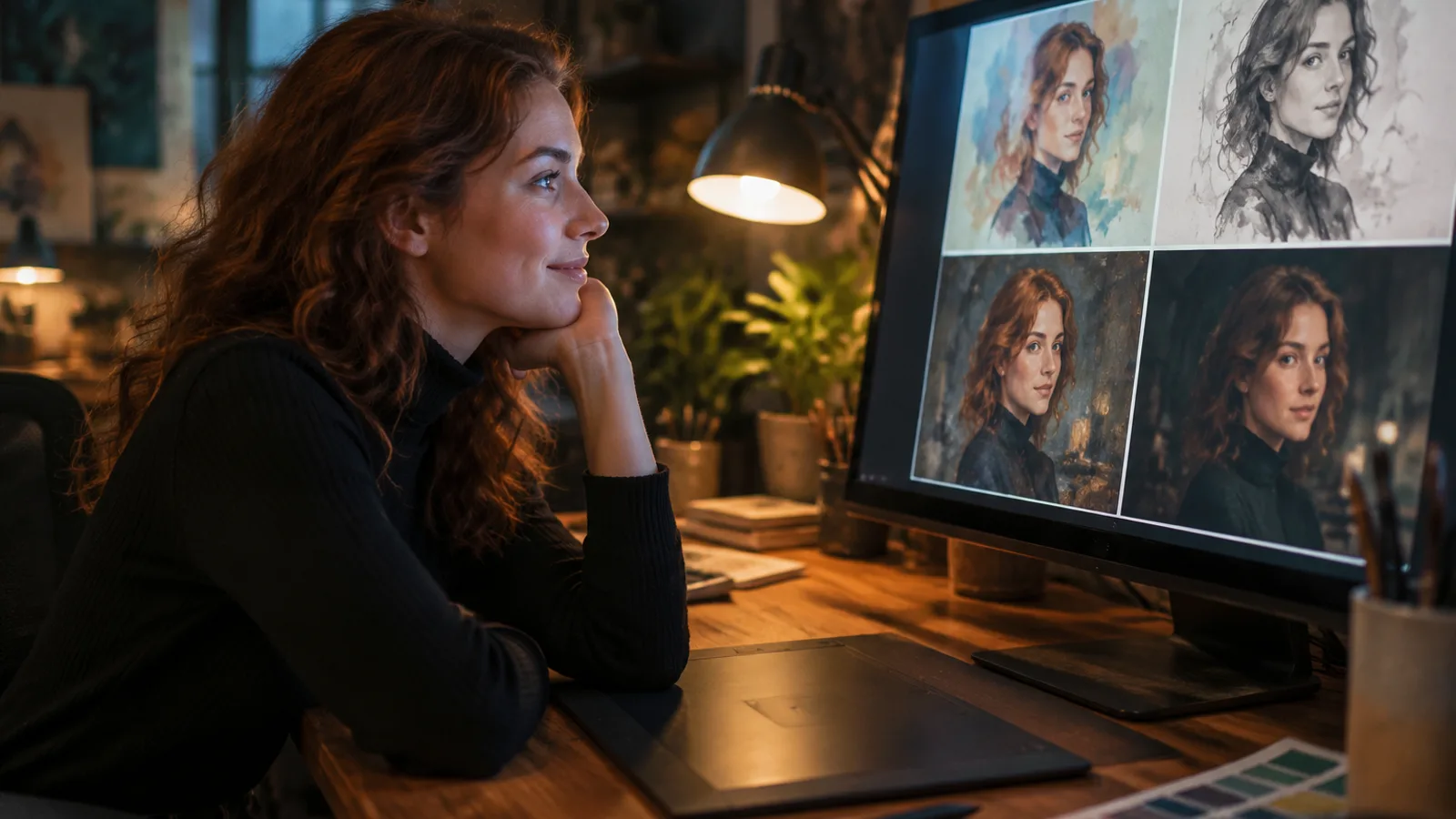 A woman at a studio desk comparing four art-style versions of the same portrait on her monitor