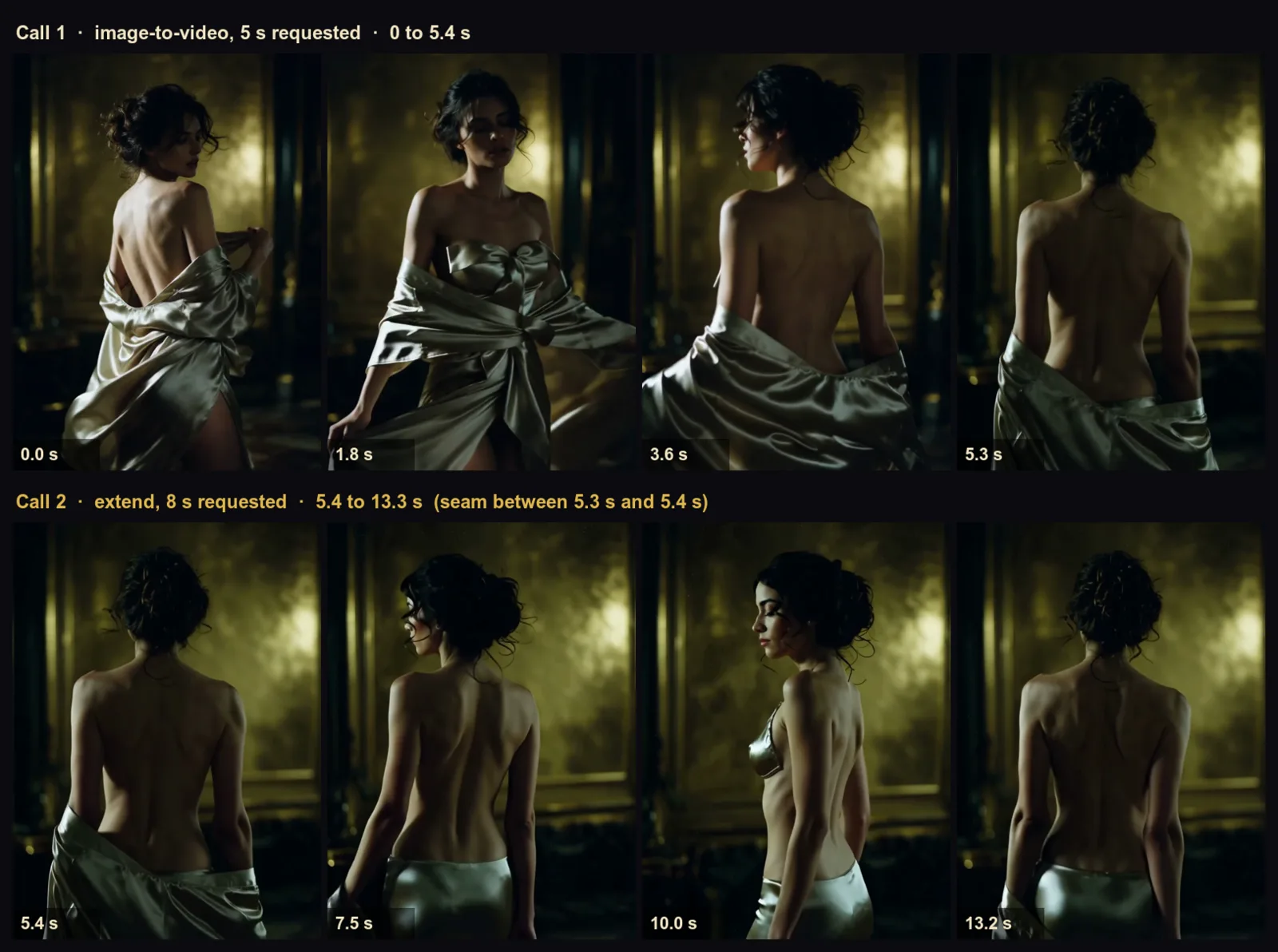 Eight frames from one 13-second clip in two rows. Top row, call 1: a dark-haired woman in a loose champagne satin robe turns in a gold-lit room until her back faces the camera at 5.3 seconds. Bottom row, call 2: the same woman and room continue from 5.4 seconds, she turns side-on and back again, ending at 13.2 seconds