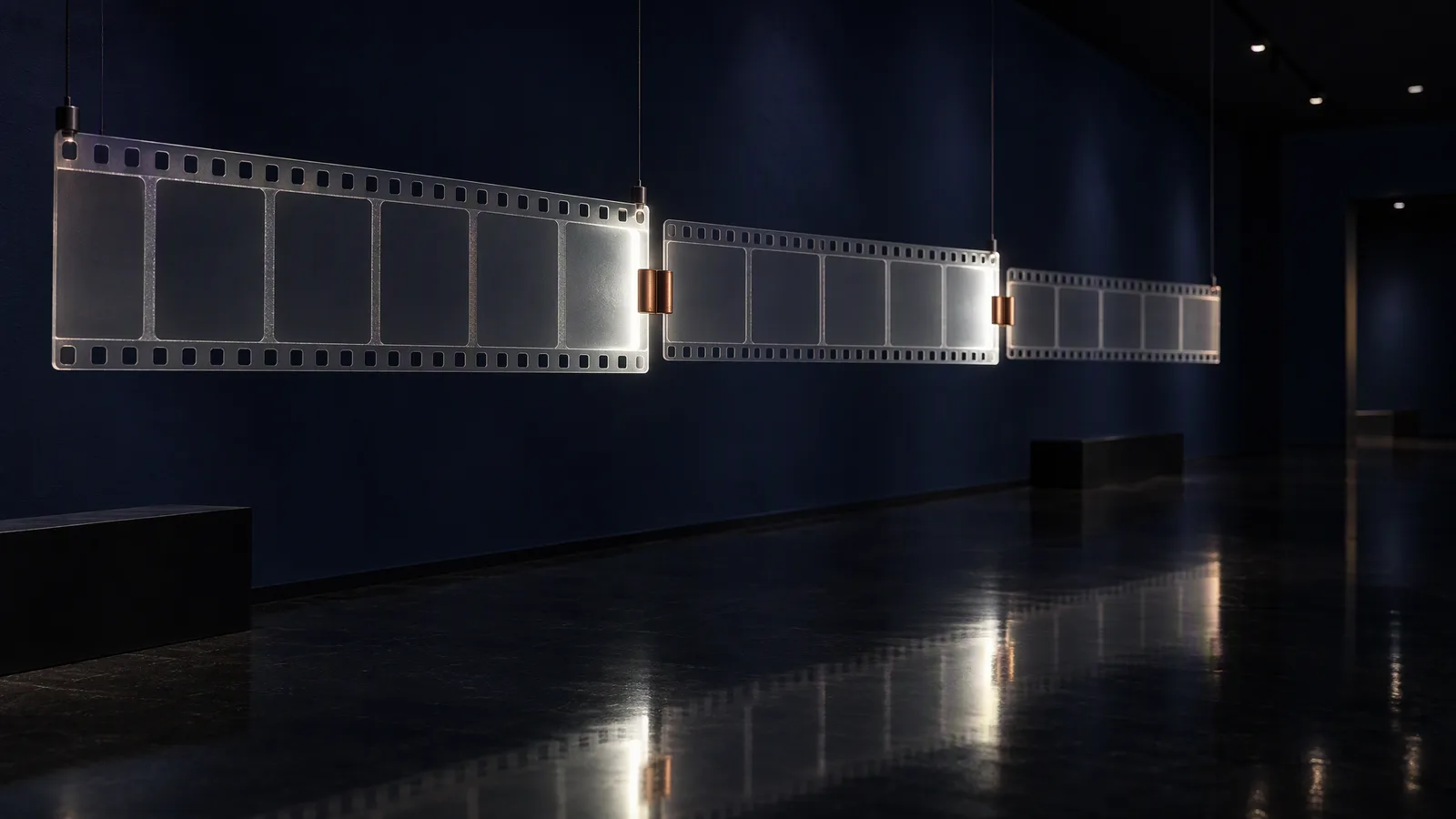 Three frosted film strips hung end to end along a dark indigo wall, joined by copper clasps, with the frames on either side of each join glowing brightest