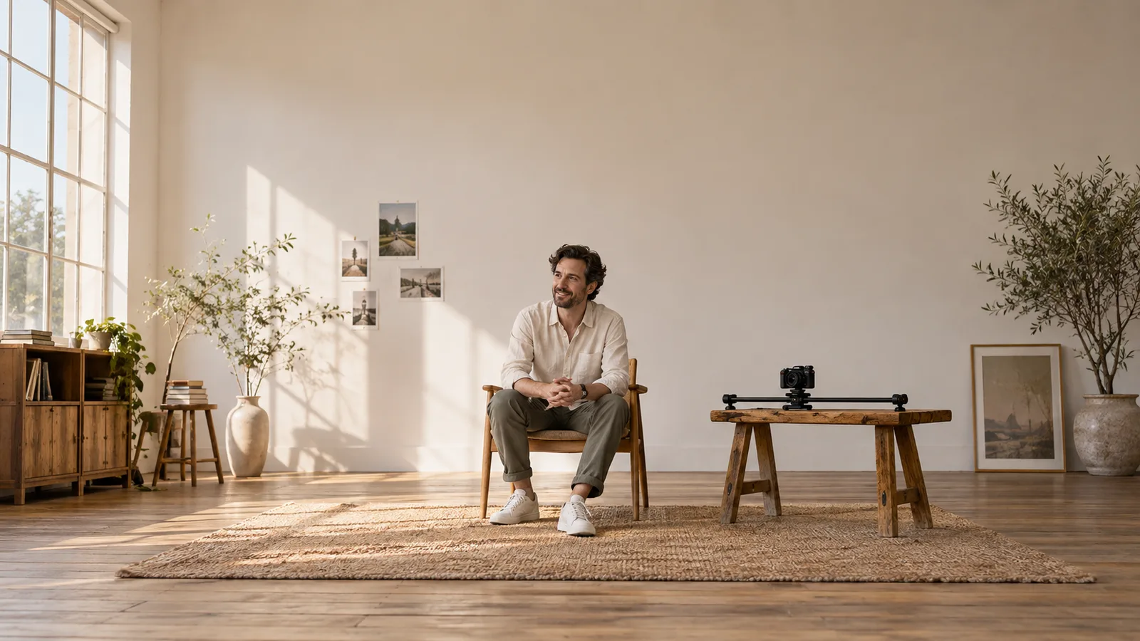 Uomo adulto seduto accanto a una camera e uno slider in uno studio illuminato dalla luce del giorno.