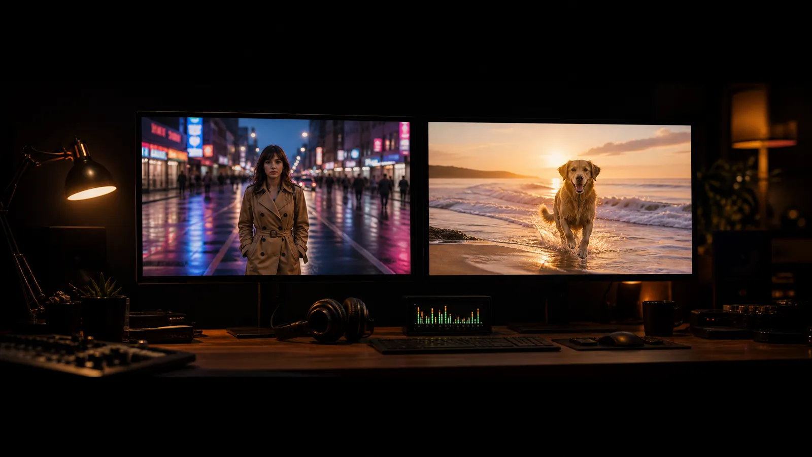 Two monitors in a dark editing room, one showing a woman in a trench coat on a wet neon street, the other a golden retriever running in the surf.