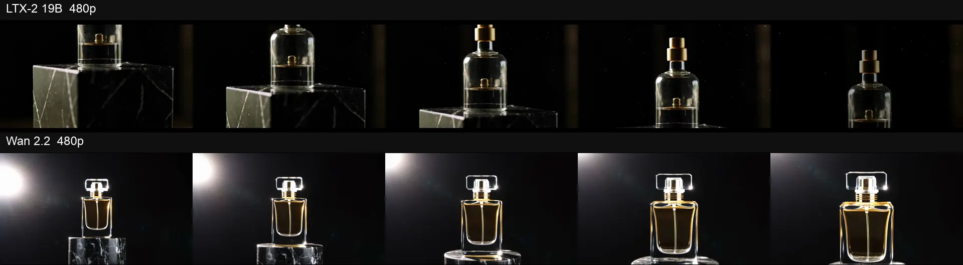 Five frames each of a glass perfume bottle on a black marble pedestal. In the LTX-2 19B row the bottle gets smaller and its cap changes; in the Wan 2.2 row the camera moves closer and the bottle keeps its shape.