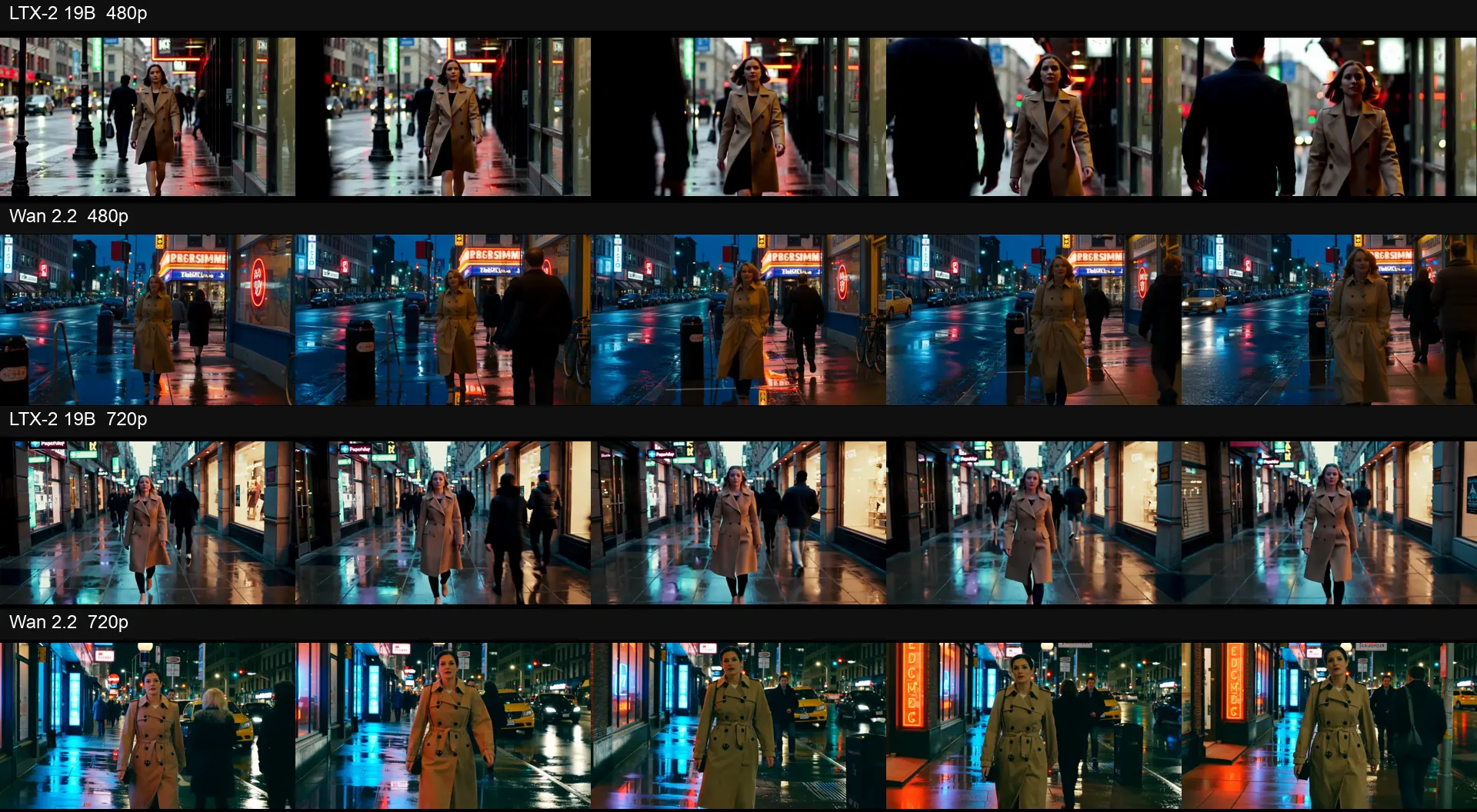 Four rows of five frames of a woman in a camel trench coat walking toward the camera on a wet, neon-lit street at dusk, from LTX-2 19B and Wan 2.2 at 480p and 720p.