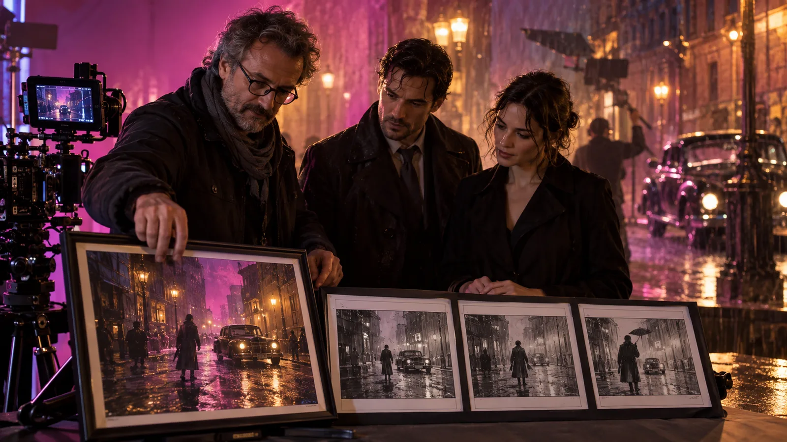 Reżyser i dwoje dorosłych aktorów porównują still deszczowego miasta z ciągiem klatek storyboardu na planie filmowym