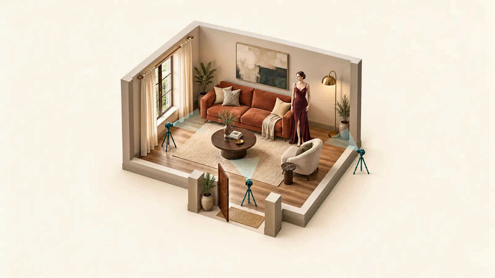 Spaccato architettonico di un salotto con divano terracotta, finestra sulla parete ovest, lampada a nord-est e tre posizioni di ripresa.