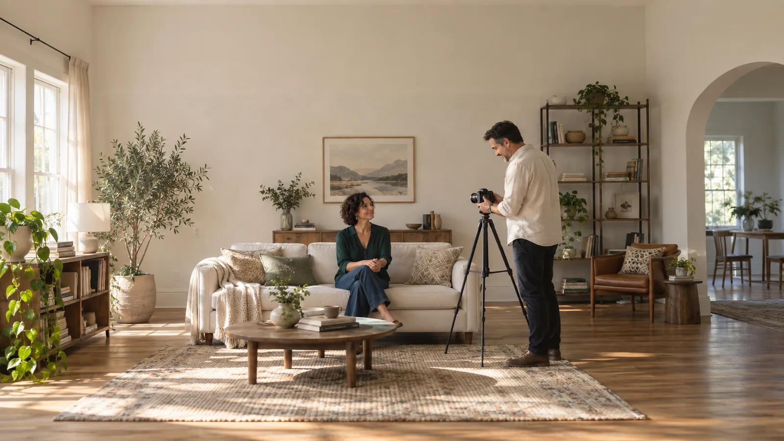 Una donna adulta e un fotografo preparano un semplice ritratto in una stanza con luce soffusa.