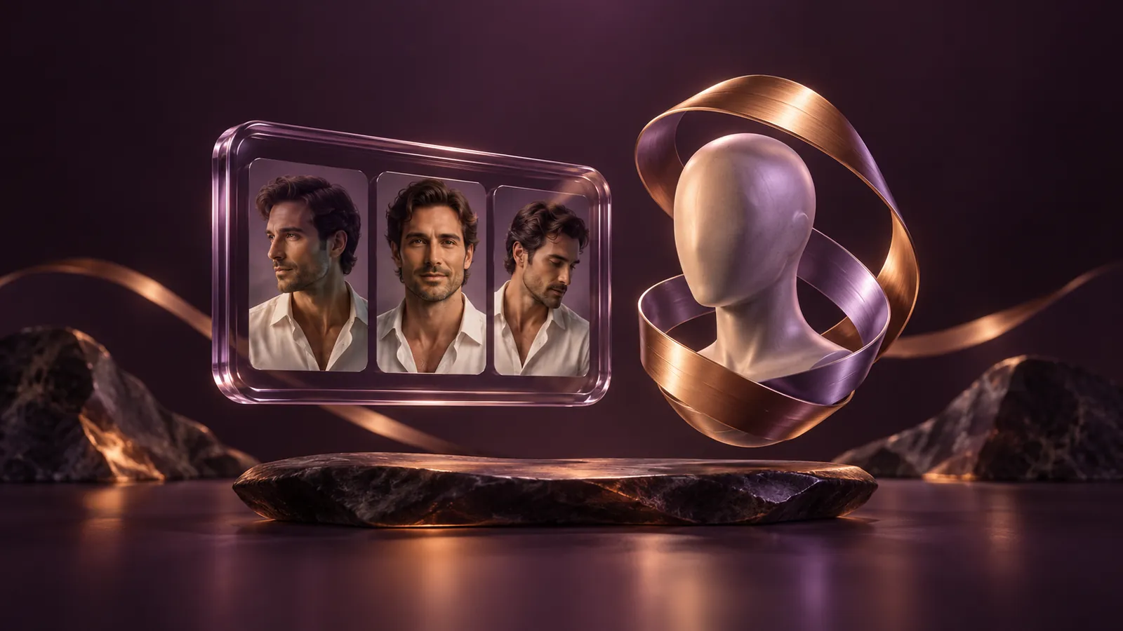 Illustrazione scultorea di schede ritratto riutilizzabili e un adapter intrecciato che rappresentano due modi di trasferire l’identità di un personaggio.