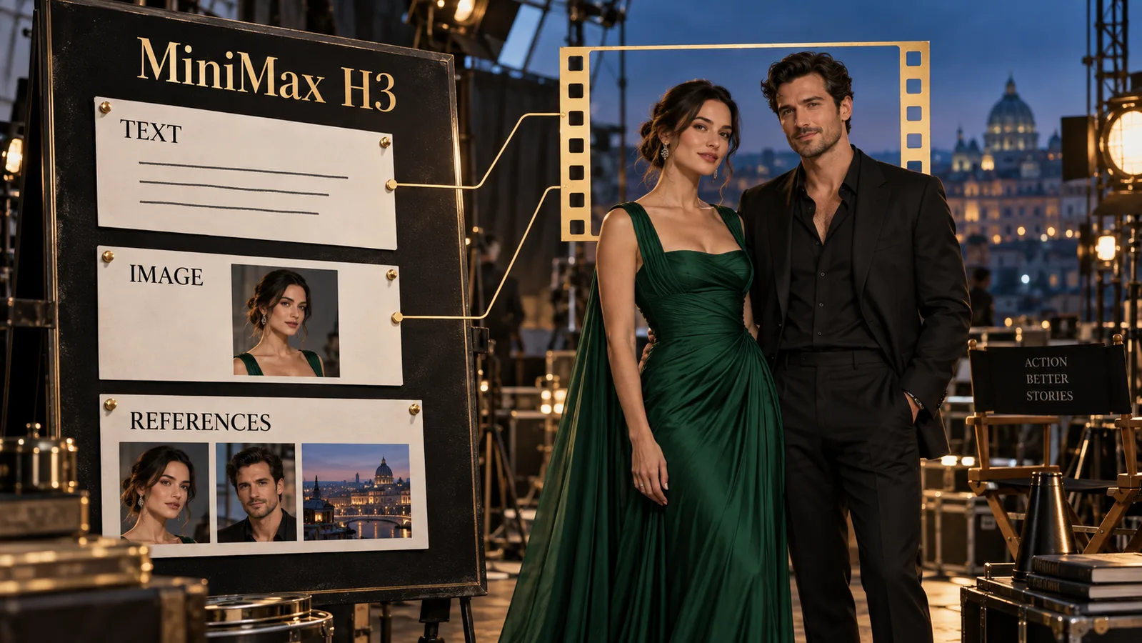 Uno storyboard di MiniMax H3 abbina testo, un'immagine di apertura e immagini di riferimento a due attori su un set cinematografico