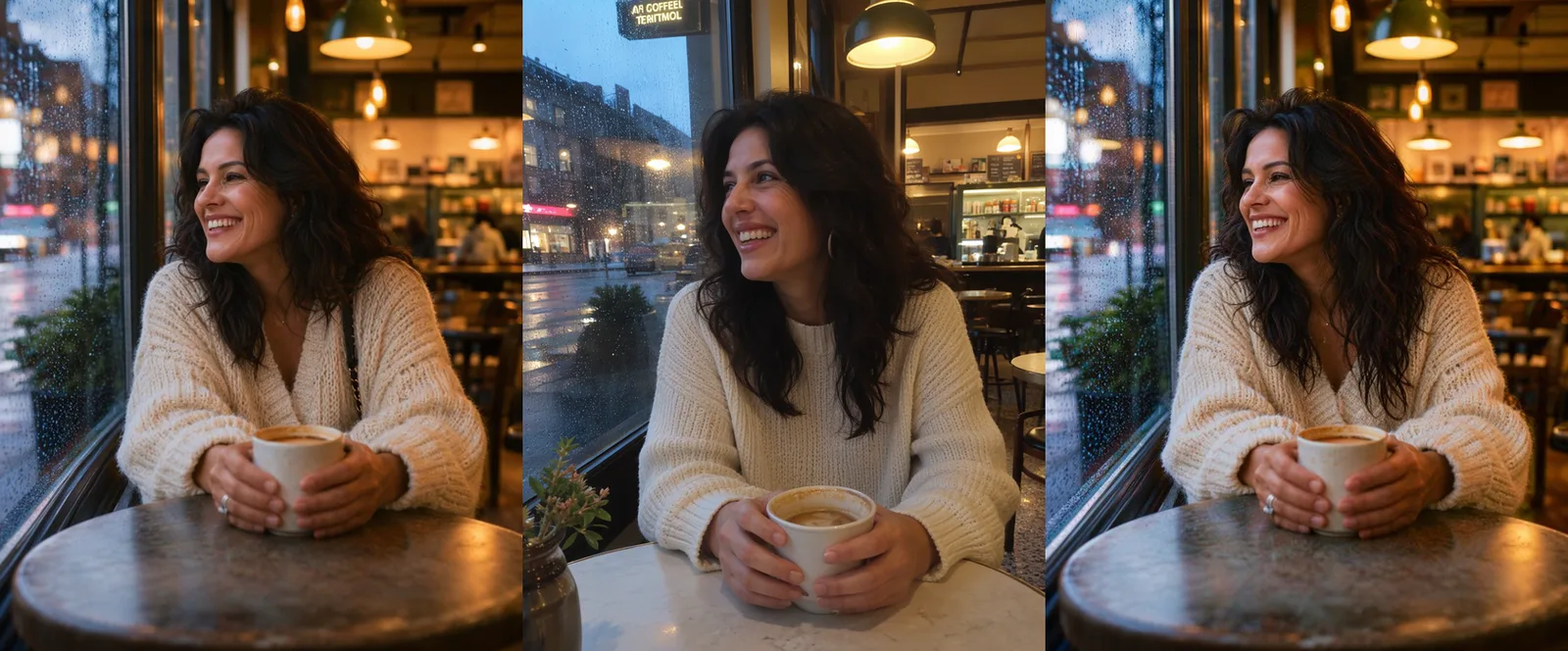 Three versions of the same photo of a smiling woman in a cream sweater holding a coffee at a rainy cafe window: no LoRA, Smartphone Snapshot and Finish Tweaker