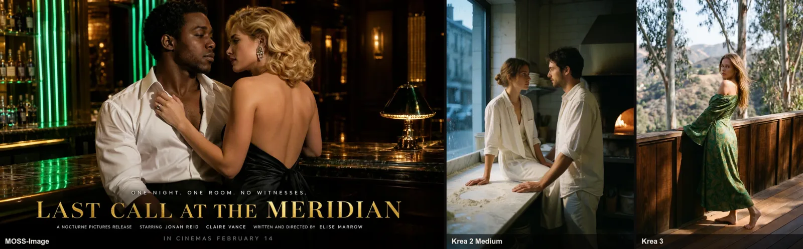 Three published examples: a film poster titled Last Call at the Meridian (MOSS-Image), a couple talking in a bakery kitchen (Krea 2 Medium), and a woman in a green dress on a wooden deck above a canyon (Krea 3)