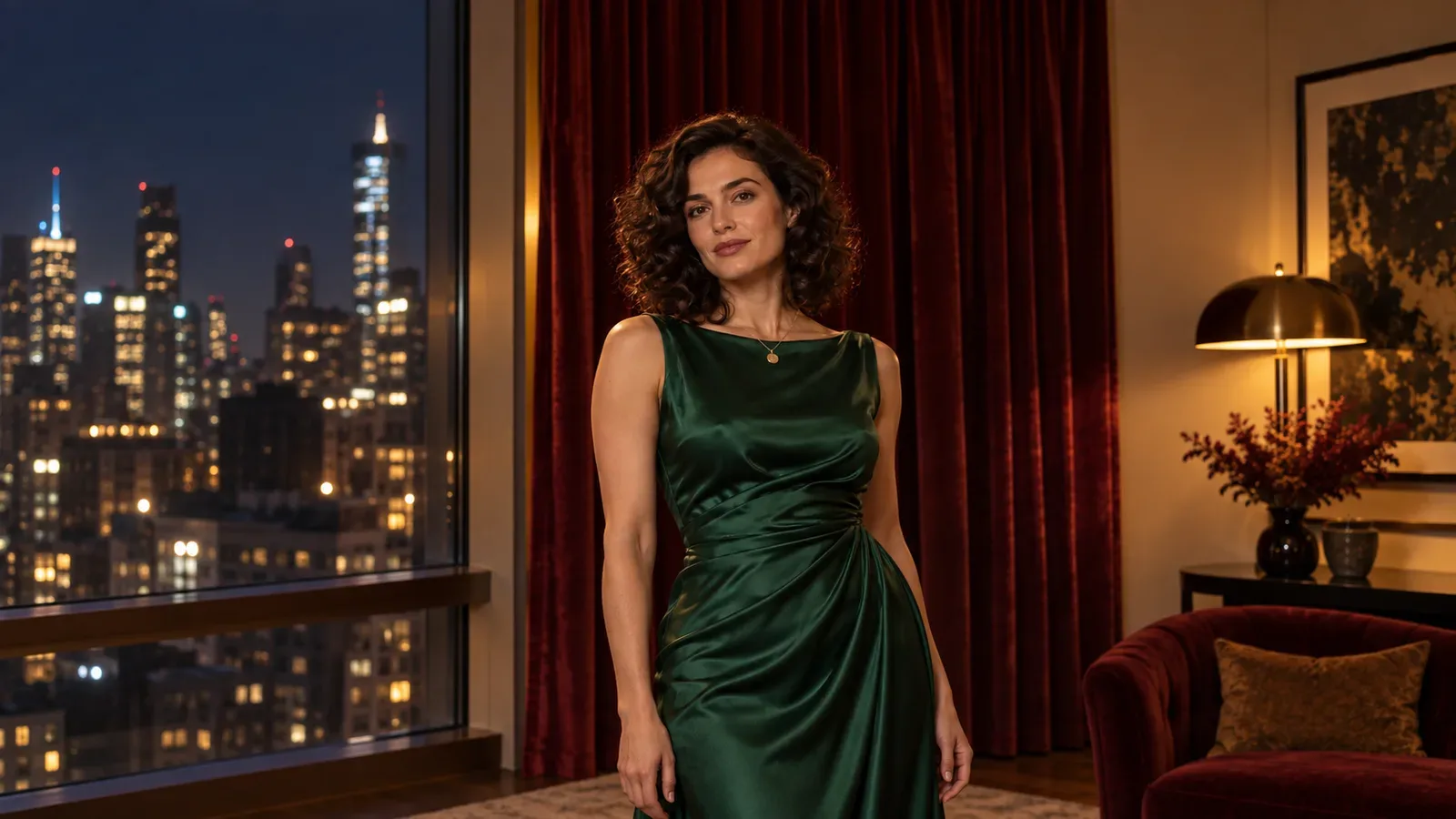 Una donna adulta immaginaria con abito da sera in satin verde, tra luce calda bordeaux dell'appartamento e un contorno notturno freddo.