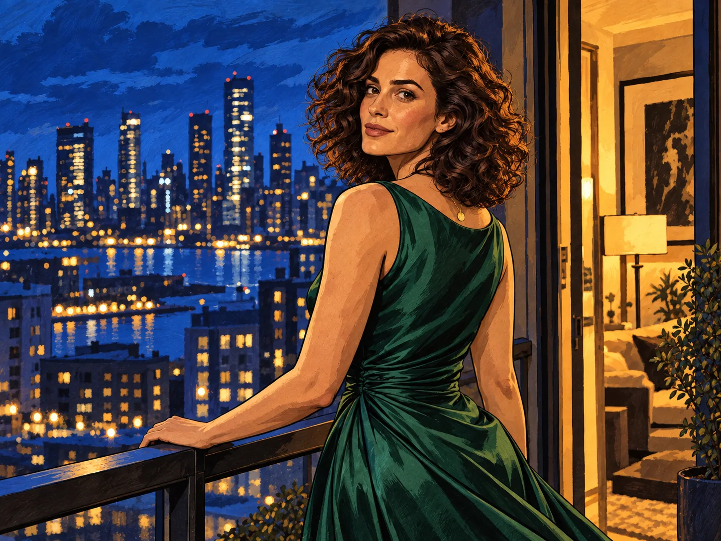 Un'illustrazione da graphic novel mostra Mara adulta che si volta da un balcone all'ora blu, in abito verde satin, con luce calda dell'appartamento dietro.