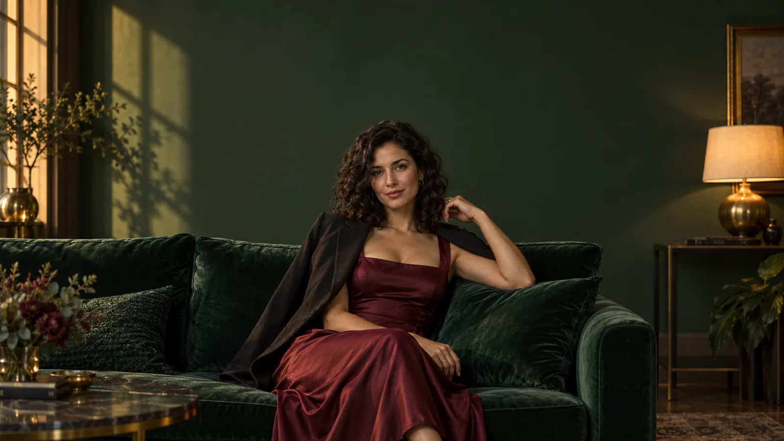 Mara, personaggio adulto immaginario, in abito di satin bordeaux su un divano di velluto verde.