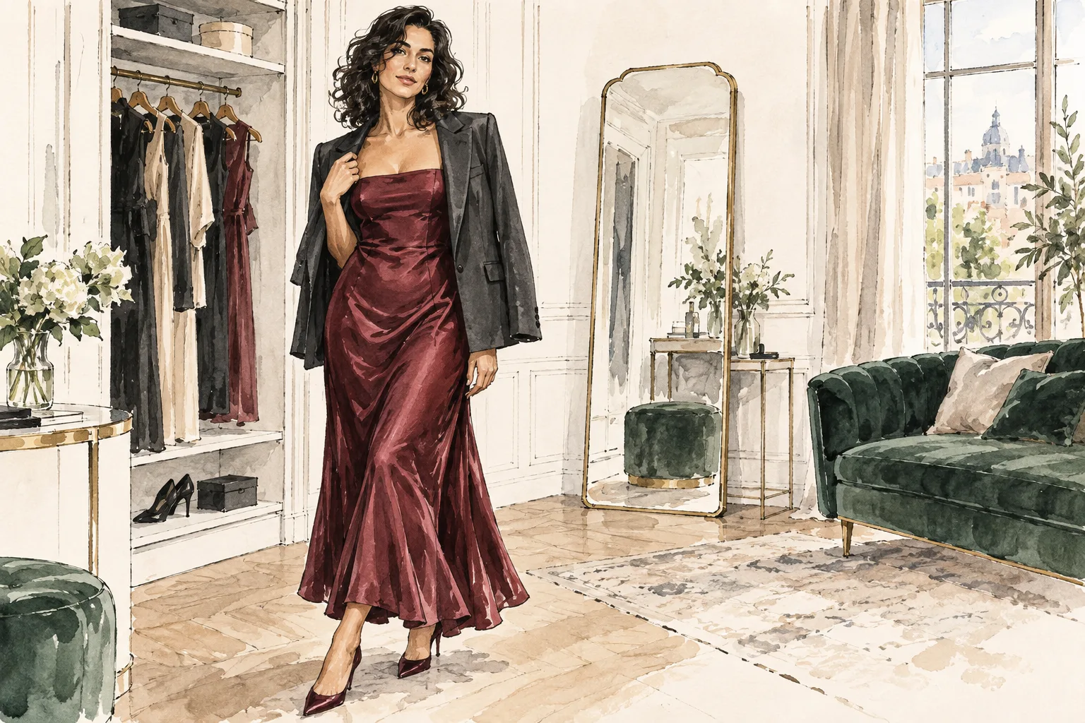 Uno schizzo di moda ad acquerello mostra Mara adulta immaginaria in abito bordeaux e giacca antracite accanto a un guardaroba.