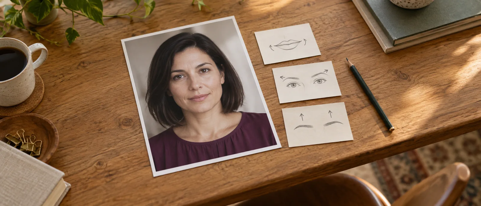 Ritratto di personaggio adulto accanto a schede di pianificazione per modifiche a bocca, sguardo e sopracciglia.
