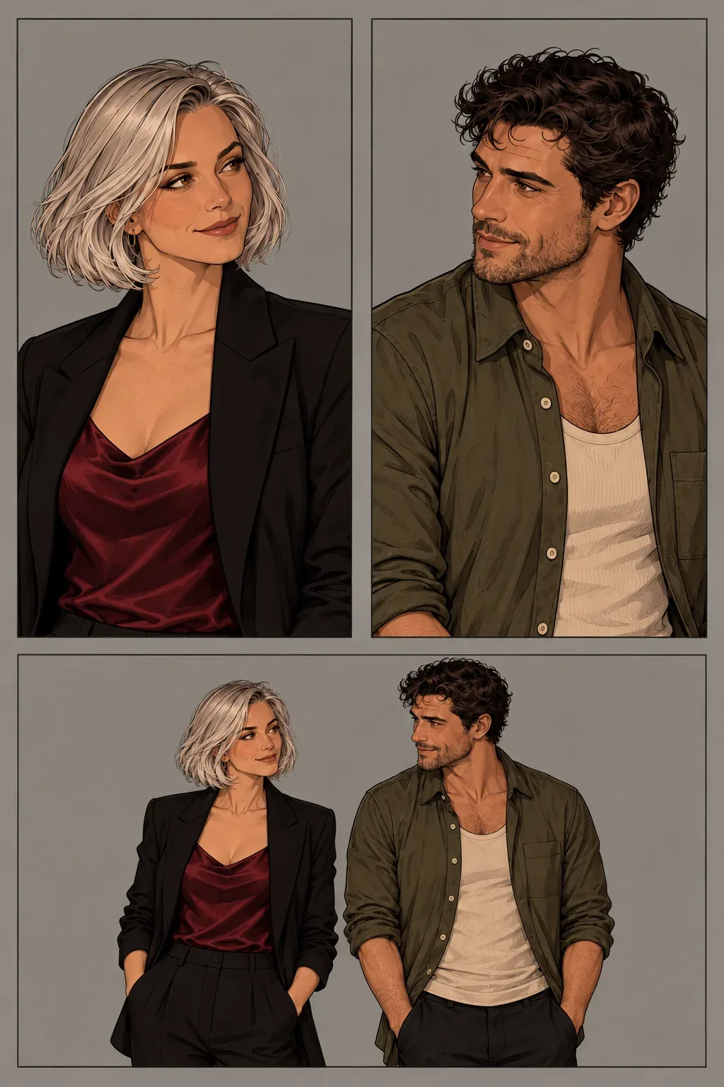 Retratos individuais de referência e um casal com os corpos separados preservam duas identidades adultas e roupas distintas.