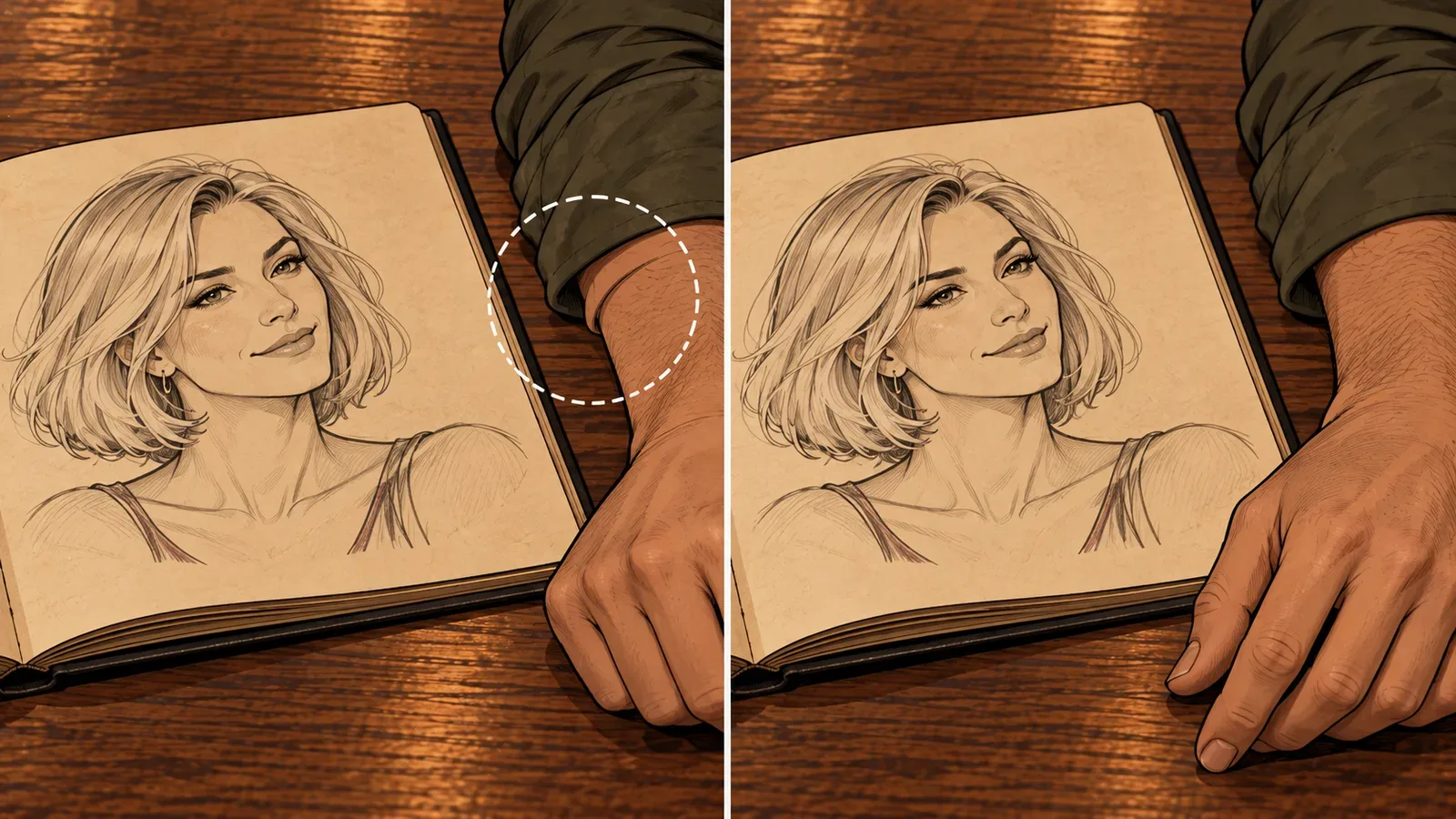 Um detalhe do caderno isola o reparo de punho e pulso, preservando desenho e mesa.