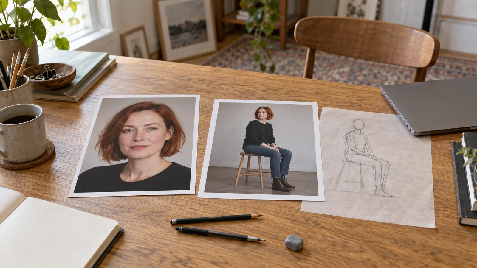 Fotografie separate di un personaggio adulto e di una postura seduta su una scrivania di editing.