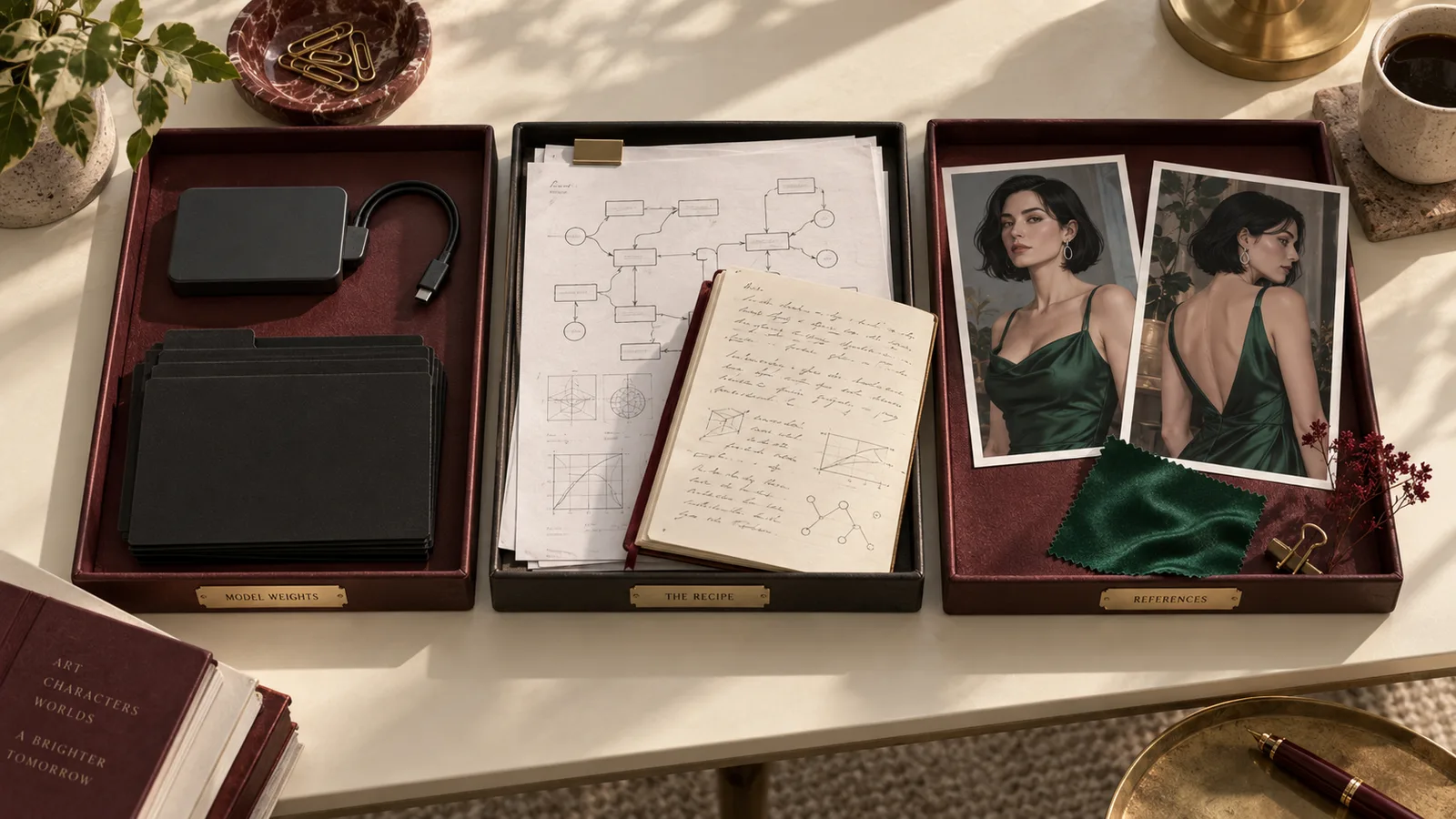 Tre vassoi d'archivio separano disco del modello, note del workflow e schede approvate di un personaggio adulto.