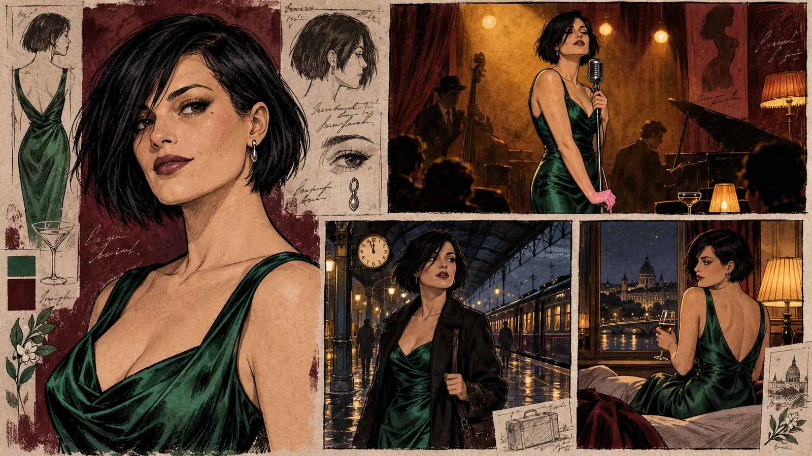 Una tavola da graphic novel conserva caschetto nero, orecchino argento e abito smeraldo di una cantante adulta in tre ambienti diversi.