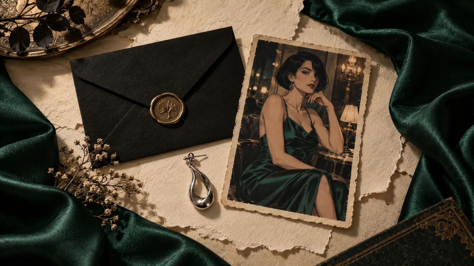 Un'illustrazione di un personaggio in satin smeraldo salvata accanto a una busta nera da archivio e un orecchino argento.
