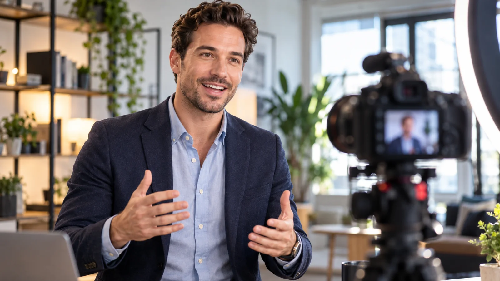 Um apresentador sorridente, com roupa profissional casual, fala para uma câmera ao lado de um ring light em um estúdio iluminado.