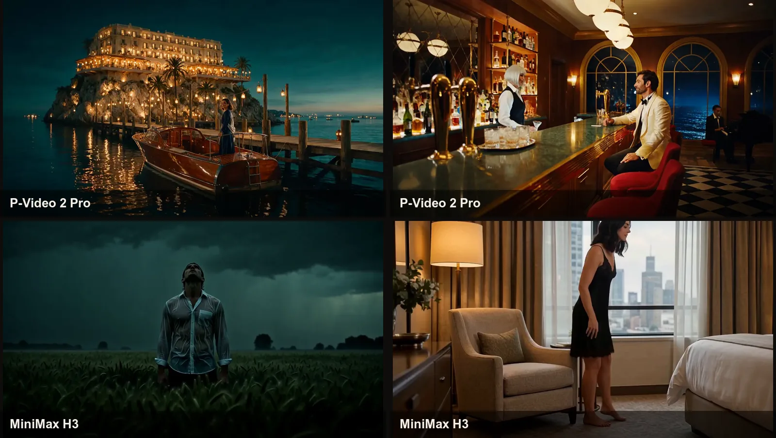 Four published video frames: a lit cliff-top hotel with a motor launch at night and a man at a hotel bar (P-Video 2 Pro), a man in a wheat field under a storm and a woman in a black slip dress in a hotel room (MiniMax H3)