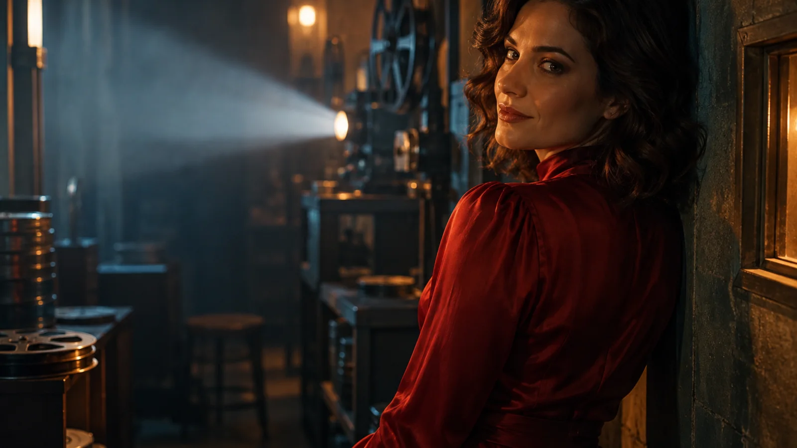 A woman in a crimson silk evening dress looks back over her shoulder in an old cinema projection booth, lit by a warm projector beam