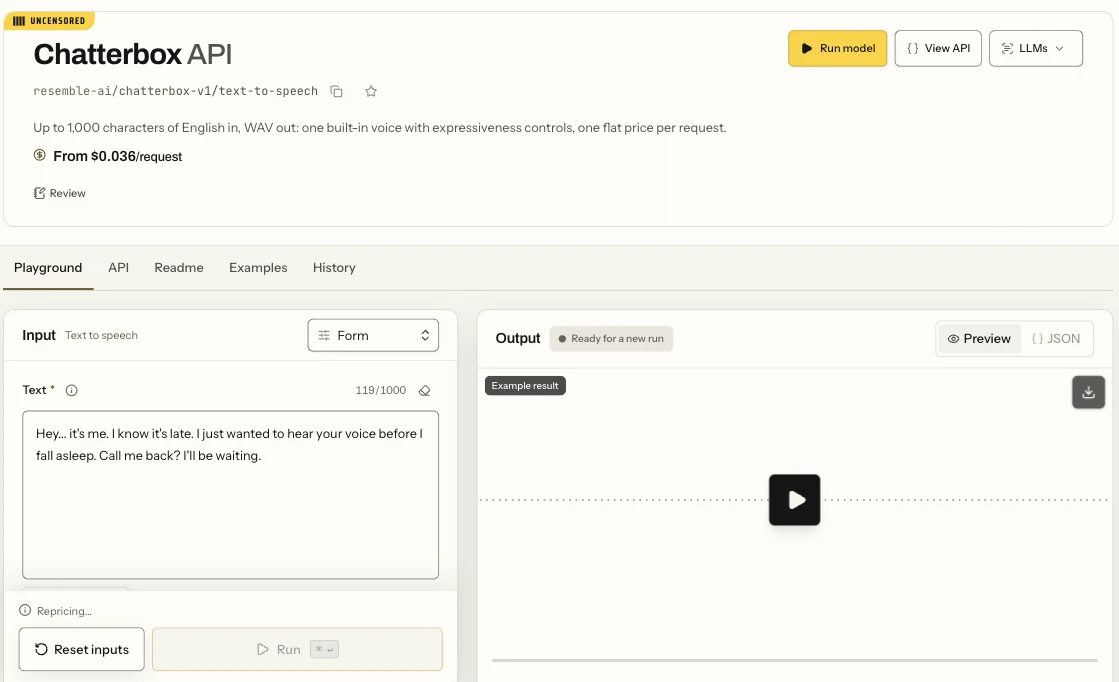 Playground di sintesi vocale di Chatterbox con il campo Text e un prezzo fisso per richiesta