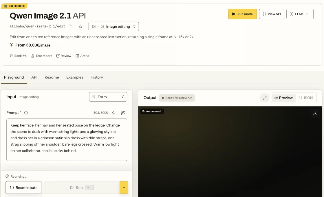 Playground di modifica di Qwen Image 2.1 nella vista Form con il campo Prompt