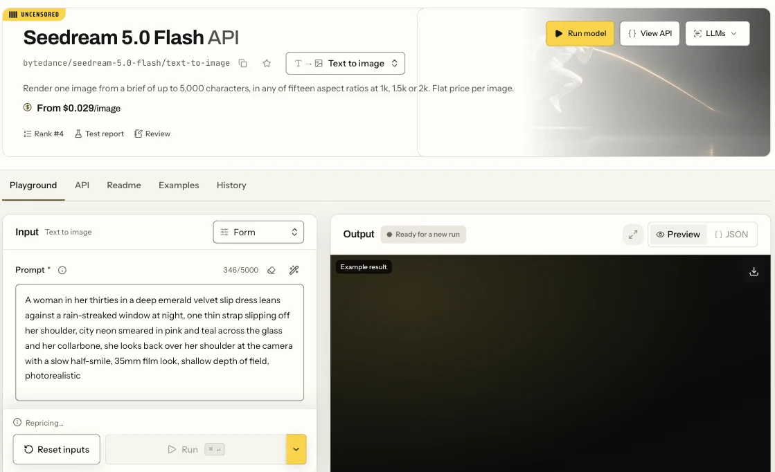Seedream 5.0 Flash nel Playground in vista Form con il campo Prompt, la stima del prezzo e il pulsante Run