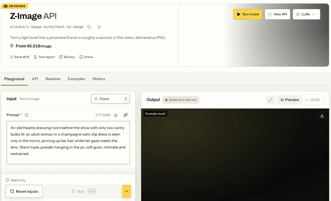Z-Image text-to-image Playground in Form view with the Prompt field