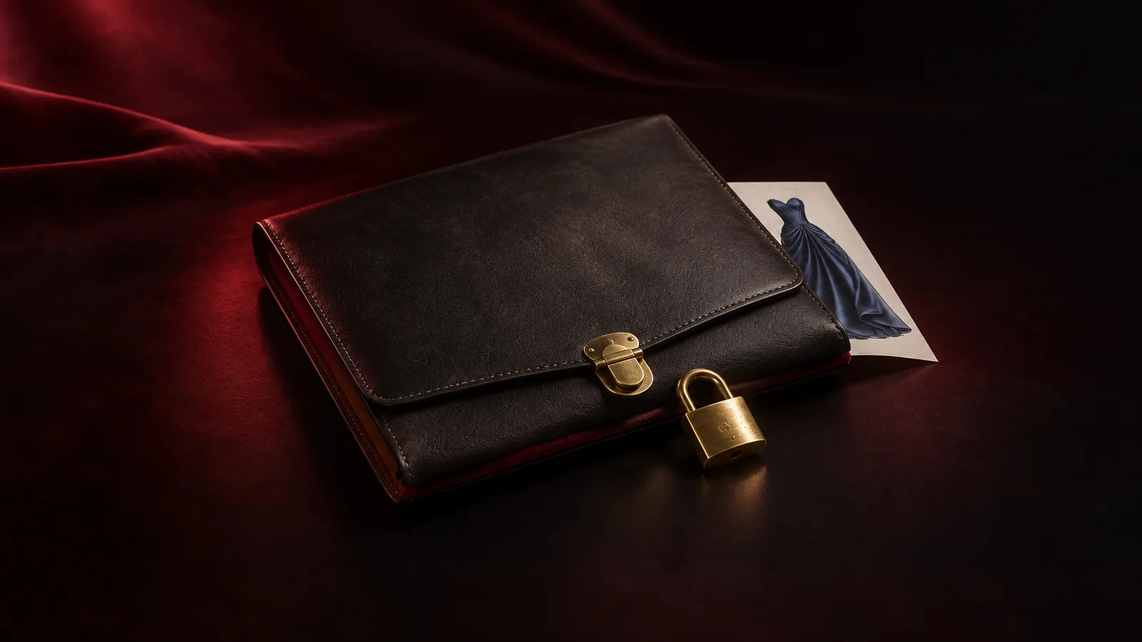 Un portfolio creativo scuro, con un lucchetto d'ottone separato e il bordo di un'illustrazione di un abito in satin.