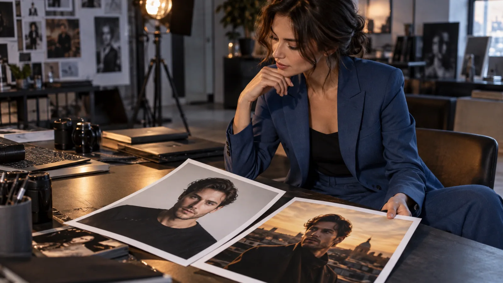 Una donna in completo blu guarda due ritratti stampati di un uomo su una scrivania di studio