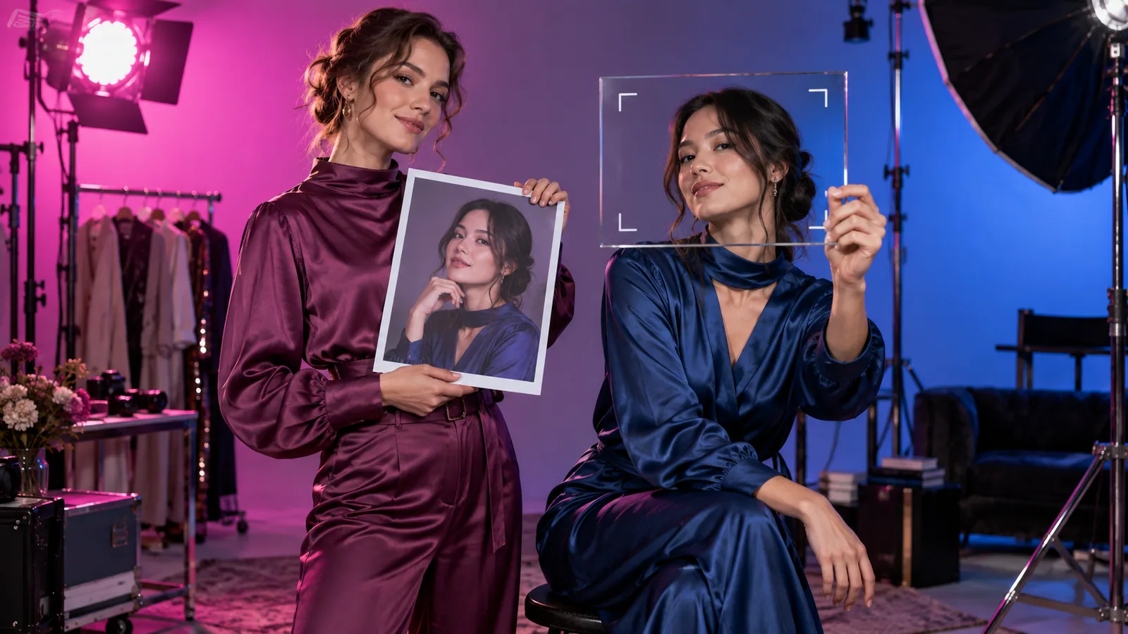 Due donne in abiti di satin in uno studio illuminato, una tiene un ritratto stampato e l'altra una cornice trasparente