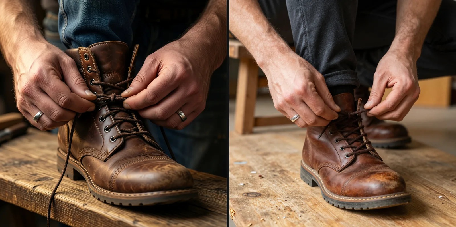 Two close-ups of a man's hands tying the laces of a worn brown leather boot on a workshop bench