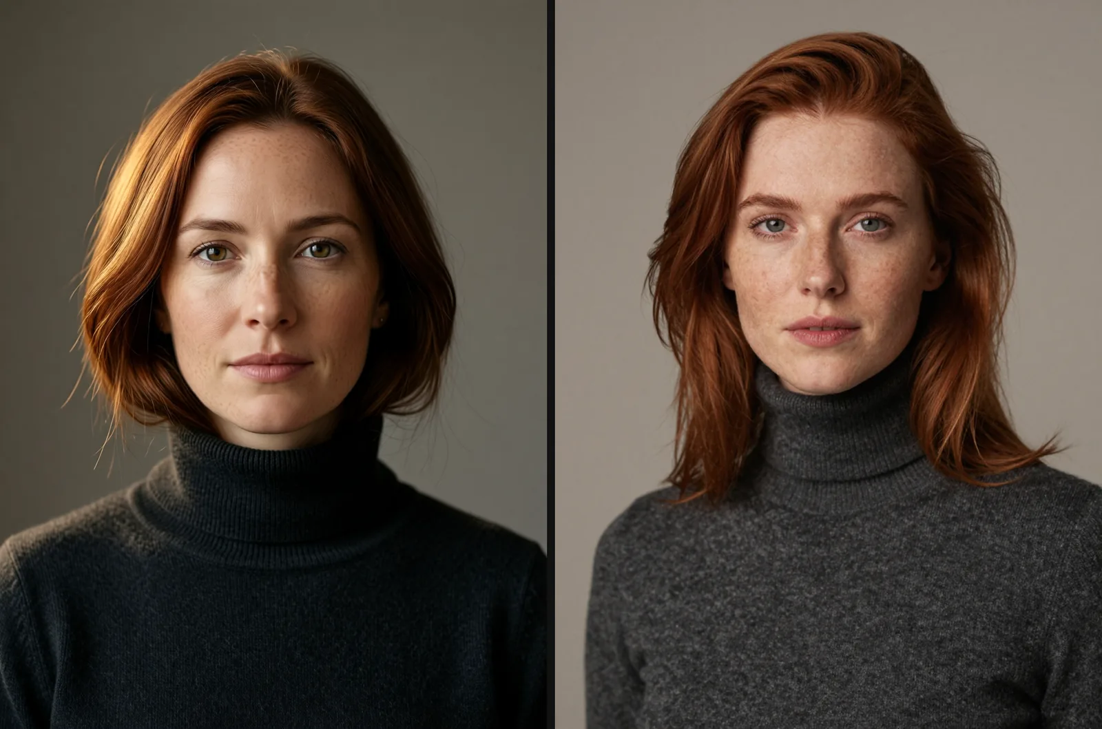 Two studio portraits of a freckled woman with auburn hair in a dark turtleneck: a softer, warmer version on the left and a more textured version on the right