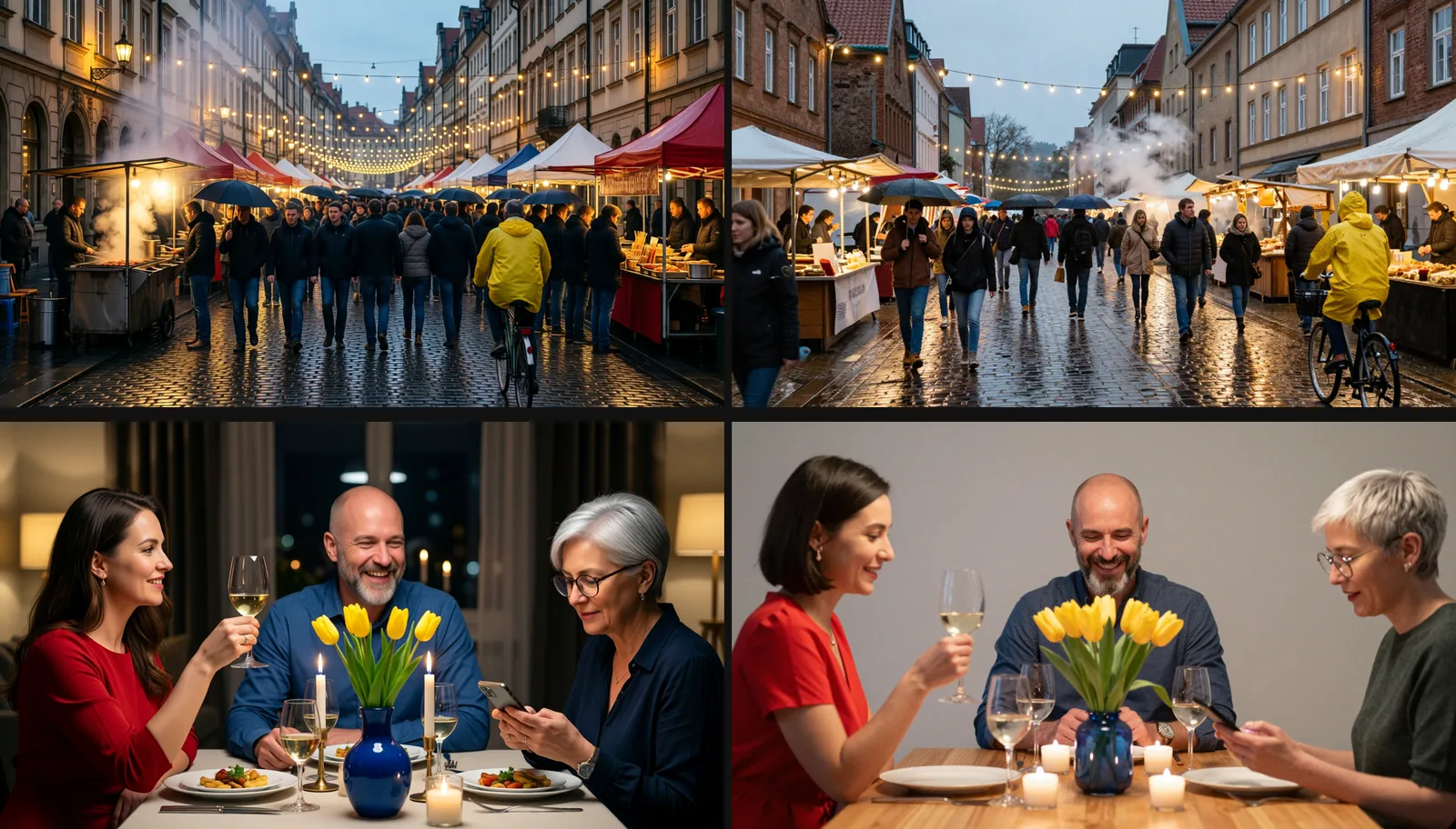 Top row: two rainy street festivals with string lights and a cyclist in a yellow raincoat. Bottom row: two dinner scenes with three friends and a blue vase of yellow tulips