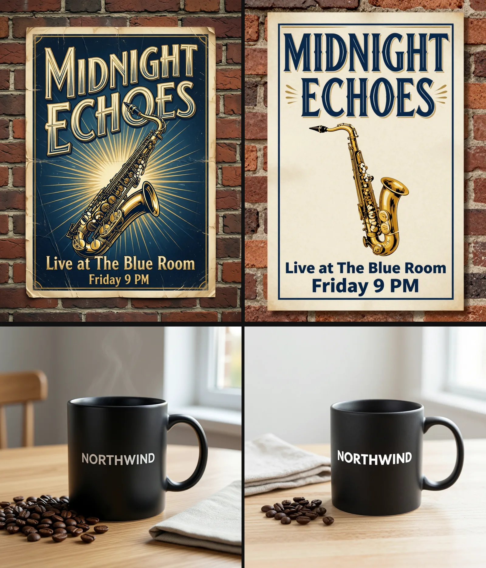 Top row: two jazz posters reading MIDNIGHT ECHOES on a brick wall. Bottom row: two black mugs printed with NORTHWIND on an oak table