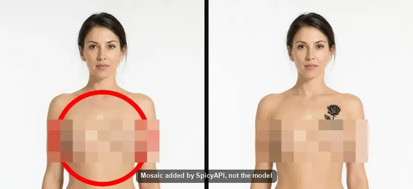 Due versioni dello stesso ritratto in studio, dalla testa alle costole. A sinistra è disegnato un cerchio rosso sulla pelle; a destra il cerchio è sparito e sotto la clavicola compare un piccolo tatuaggio di una rosa nera. Entrambe sono in parte nascoste da un mosaico marcato